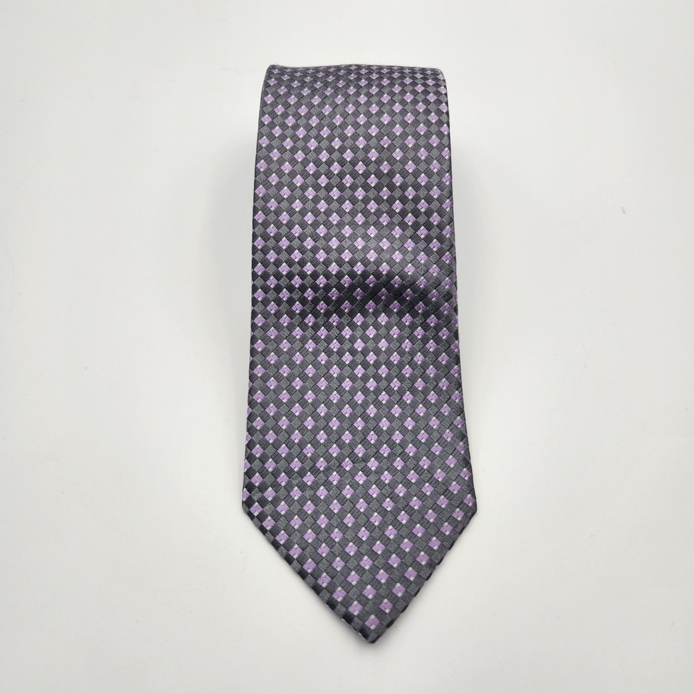 Michael Kors Mens Neck Tie Gray Purple Diamond Pattern 100% Silk Business Casual